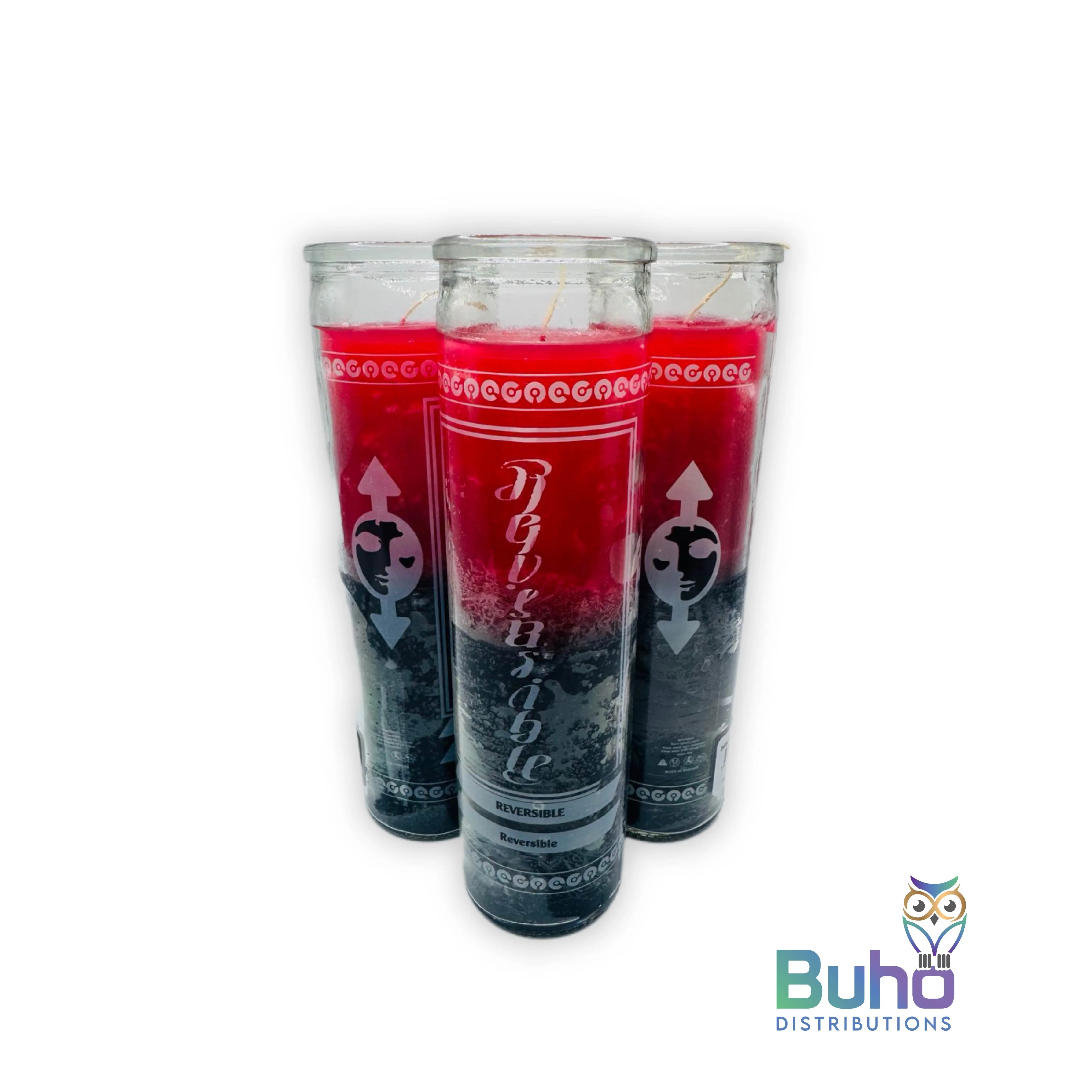 Double Reversible 8" Transparent-Red and Black |Doble Reversible Rojo-Negro| Set of 3 Religious 8” Candles | Búho Distribution