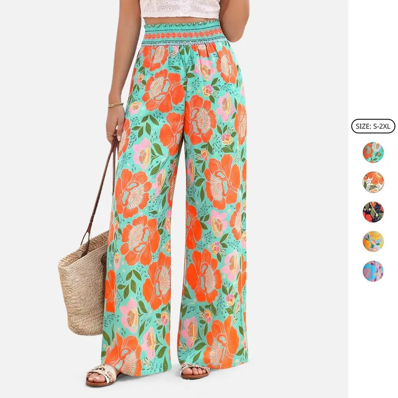 Imily Bela Wide Leg Pants Woman 2026 Summer Smocked Waist Floral Pant Resort Wear Spring Beach Vacation Clothes for Women