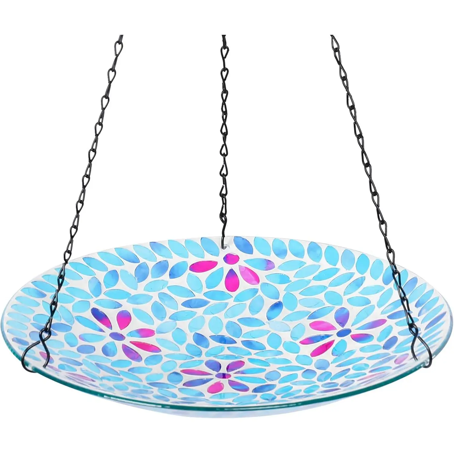 Hanging Bird Bath, Glass Mosaic Bird Baths for Outdoors Birdfeeder with 21 inch Rust-Proof Chain for Garden Yard Decor, Flower