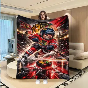 Chicago Blackhawks No. 11 Cartoon Hockey Player Print Flannel Blanket, Soft Skin-Friendly Sofa Throw, Bedroom Decorative Warm Blanket