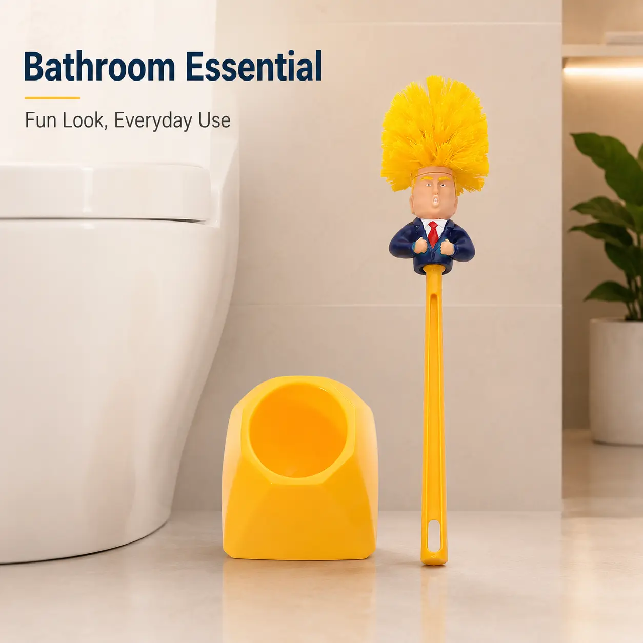 Long Handle Funny Toilet Brush Set - Novelty Cleaning Tool + Holder, Political Gag Gift for Bathroom Humor Lovers