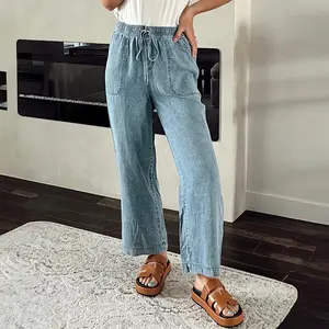 Myosotis Mineral Wash Drawstring Waist Loose Straight Denim Pants