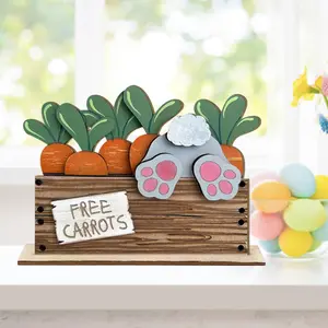Spring Easter Wooden Bucket Rabbit Carrot Desktop Ornament, Wood Table Decor, Cute Animal Design, Perfect for Home Decoration