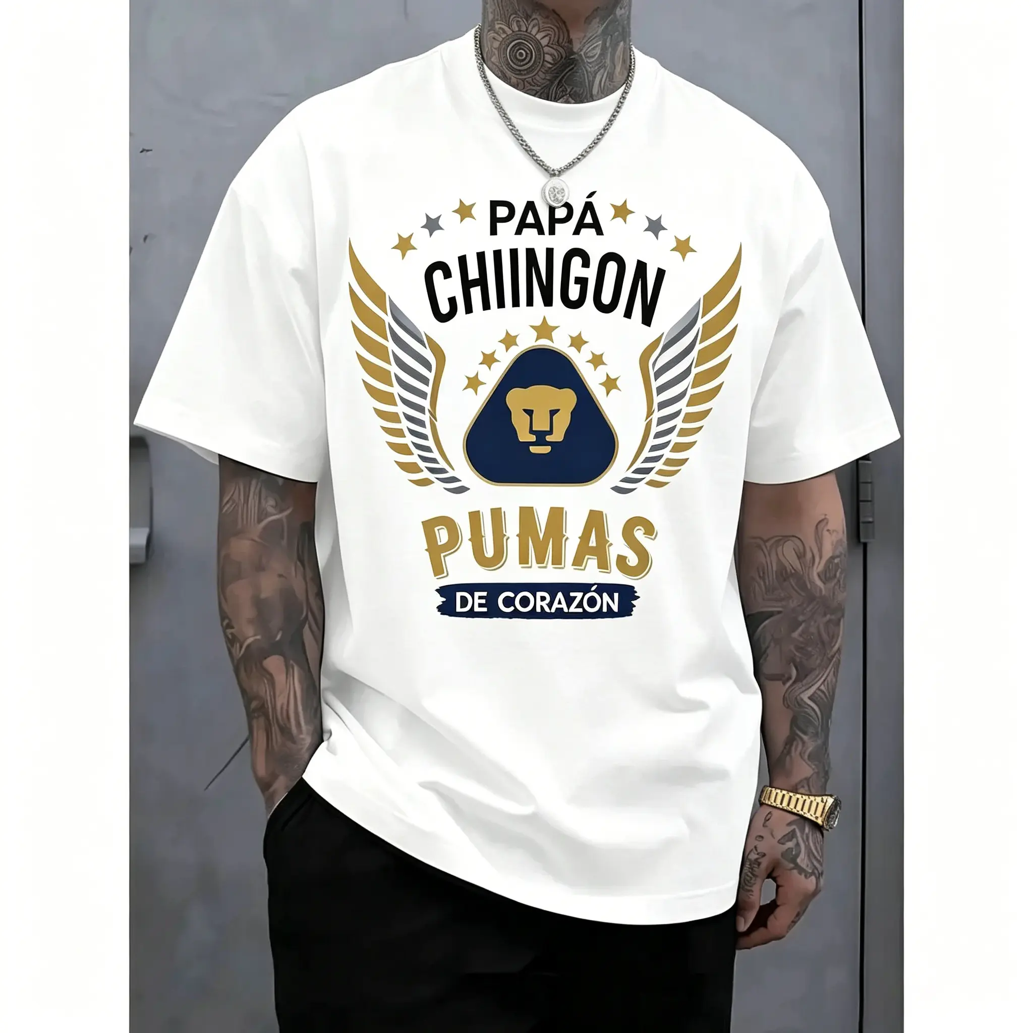 Men's Casual Soft Loose Short-Sleeve Oversized Heavyweight Cotton Round Neck T-Shirt with Papá Chingón Gold Wings Graphic Print, Father's Day Gift for Soccer Fans
