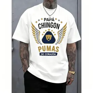 Men's Casual Soft Loose Short-Sleeve Oversized Heavyweight Cotton Round Neck T-Shirt with Papá Chingón Gold Wings Graphic Print, Father's Day Gift for Soccer Fans