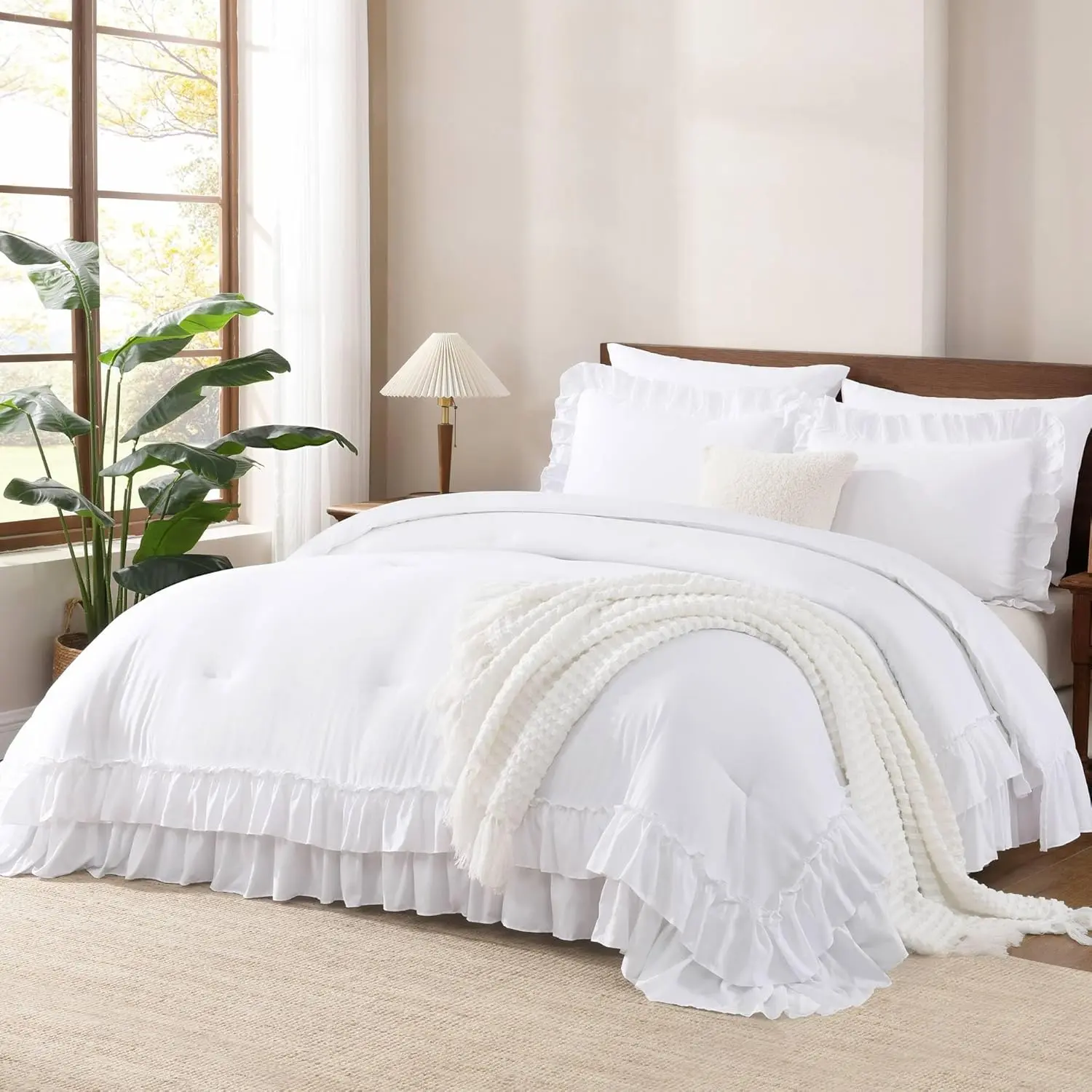 White Comforter Queen Size, Lightweight Fluffy Farmhouse White Ruffle, Microfiber Comforter 3(1 Ruffle Comforter 2 Pillowcases)