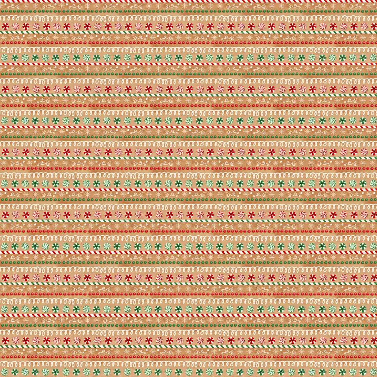 Fabric 3 Wishes Tan Iced Candy Stripe Very Merry Gingerbread by the Quarter Yard 24616-TAN