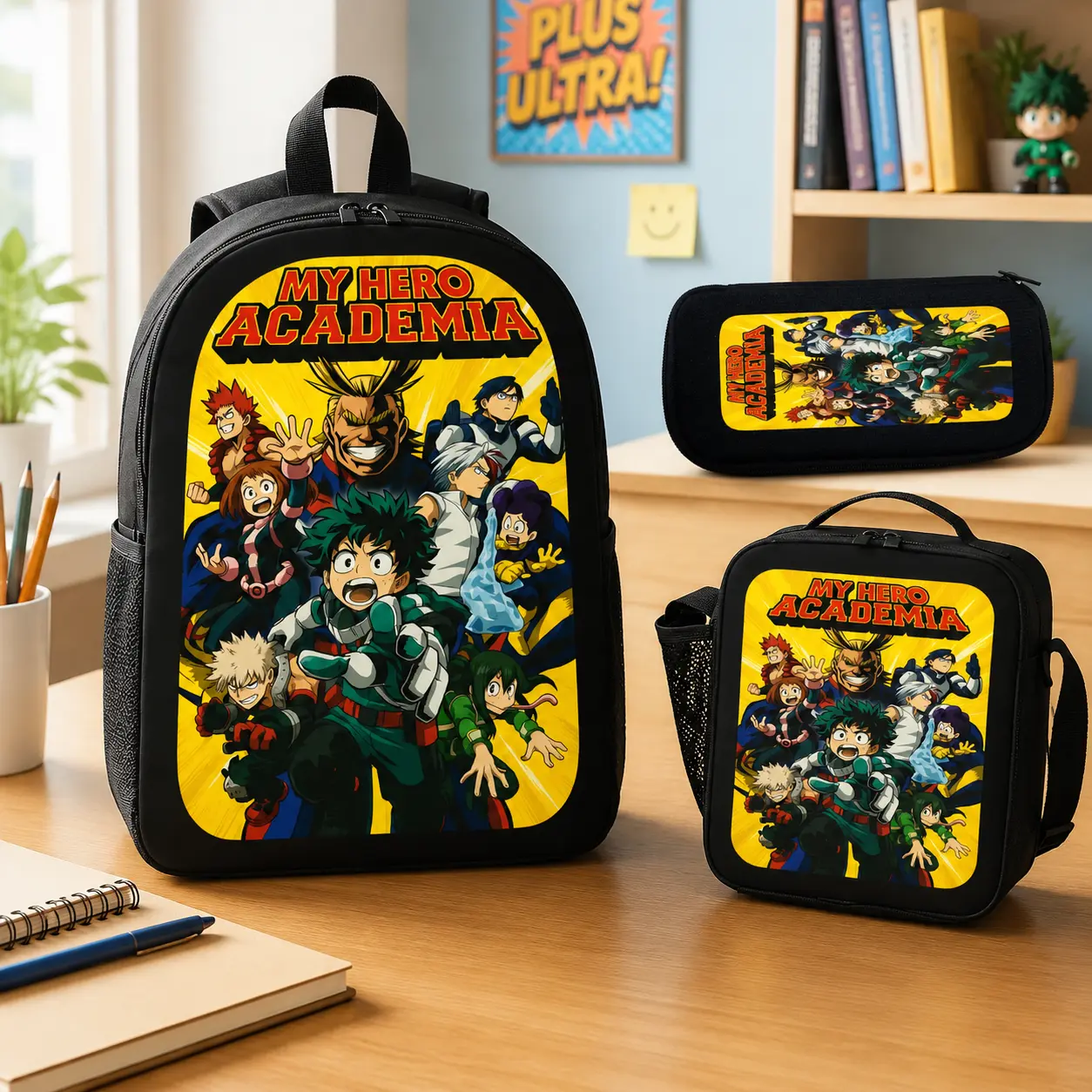My Hero Academia 3-in-1 Backpack Set - Large Capacity Bag with Anime Print Lunch Box, Pencil Case, Smart Pockets, Comfortable Carrying System, Back to Class/Travel Daypack for Teens, Gamers, Birthday Gift