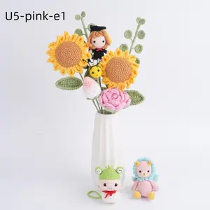 Handmade Crochet Sunflower Bouquet w/Graduation Doll,Cute Knitted Strawberry,Rose Daisy Flowers,Best Gift For Friends,Besites