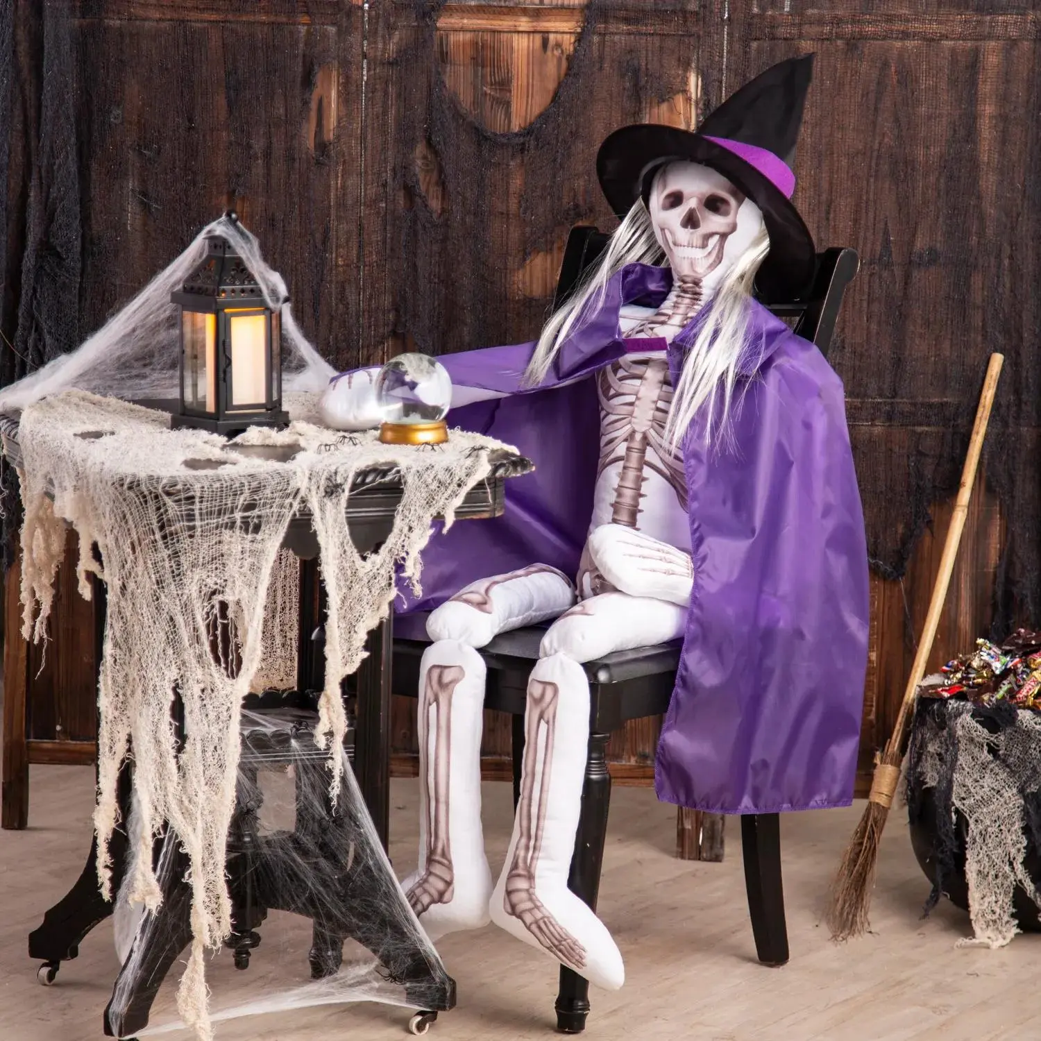 3-Pc 5-Ft Skeleton Plush Witch Outfit Decor Kit, Holiday Home Party Festive Decor Backdrop Set