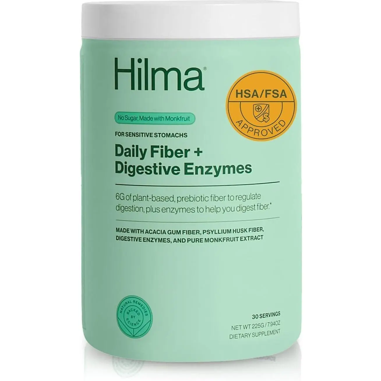 Hilma Daily Fiber and Digestive Enzymes, Fiber Supplement Powder with Prebiotics and Enzymes Formulated with Psyllium Husk and Acacia, Gluten Free, Vegan, FSA Eligible, Digestive Support, 30 Servings