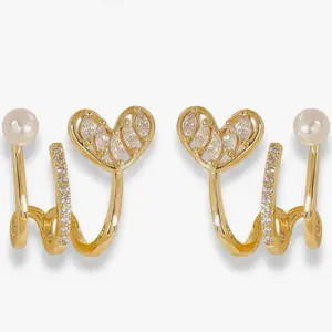 Heart Claw Earrings For Women, Triple Huggie Illusion Stud Earrings, Fashion 925 Sterling Silver Earrings Needle, Minimalist pearl Ear Wrap Hoop Cubic Zirconia Piercing Cuff Earrings