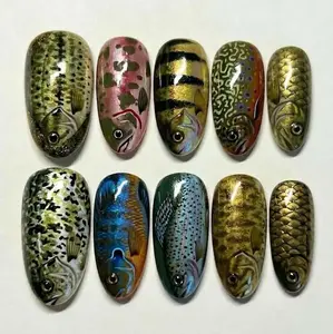Handmade Realistic Fish Press On Nails | 3D Scale Texture & Nature Art Design | Luxury Earth Tone Aquarium Almond Set