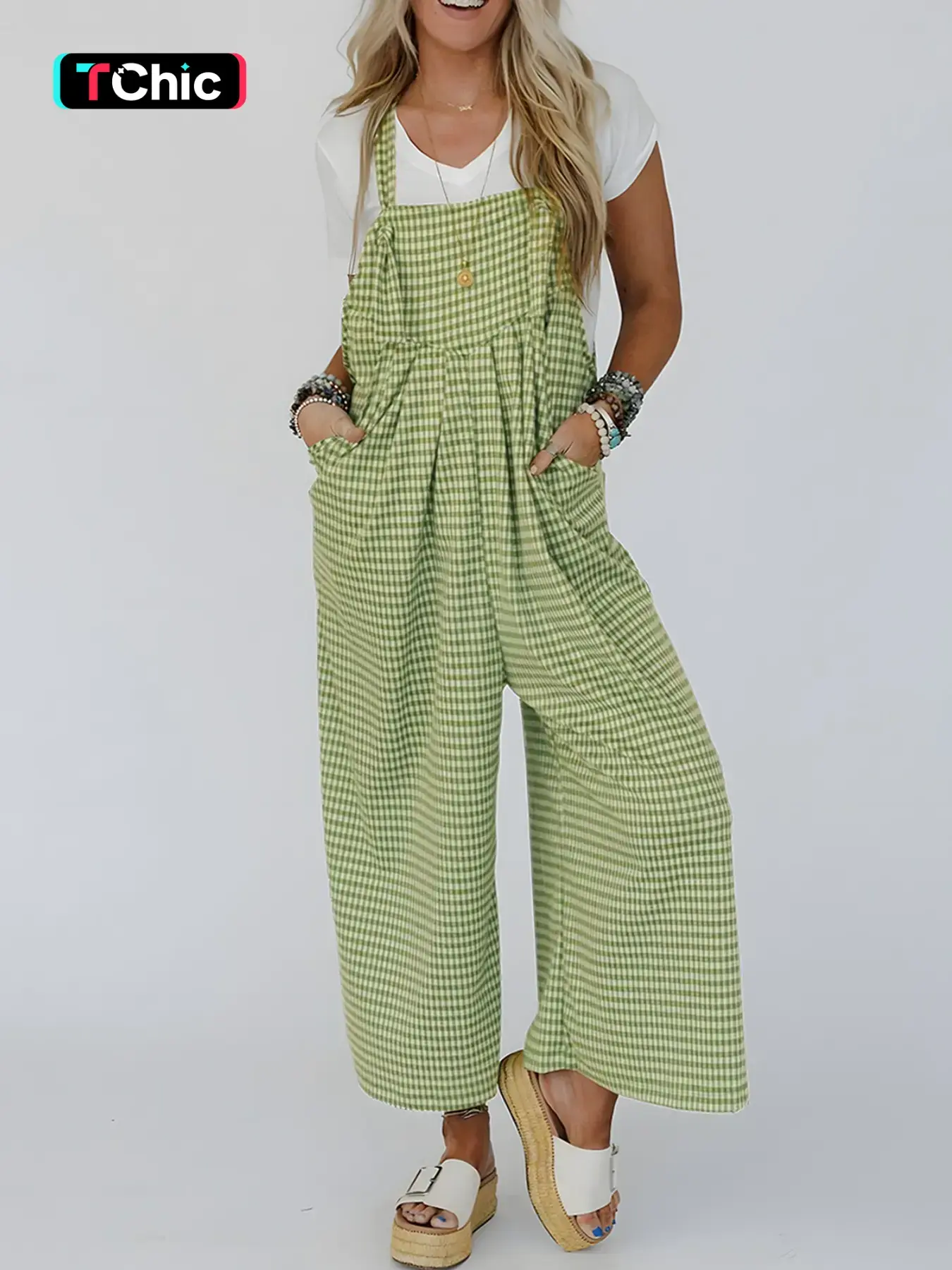 Women's Plaid Print Pocket Wide Leg Overalls Jumpsuit, Casual Sleeveless Jumpsuit for Daily Wear, Ladies Clothes for All Seasons