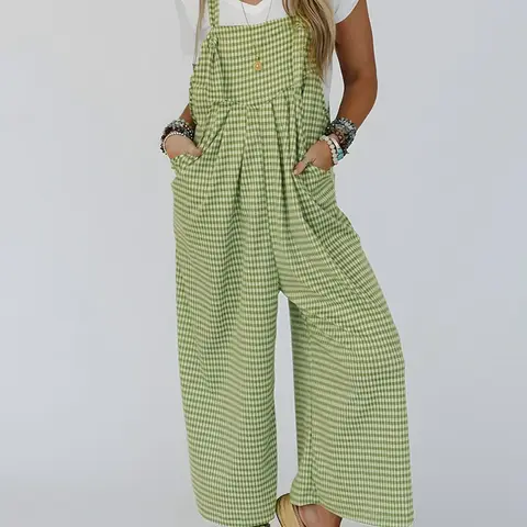 Women's Plaid Print Pocket Wide Leg Overalls, Loose Overalls, Casual Sleeveless Jumpsuit for Daily Wear, Ladies Clothes for All Seasons