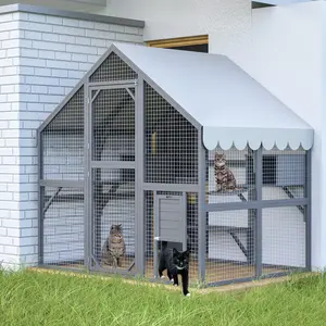 Large Outdoor Cat House, 28ft² Luxury Wooden Cat Run Enclosure Walk in Cat Catio Kitten Condo with 2 Cat Doors, 2 Playpen & Hiding Houses, Bridges, Walks, Roof Cover