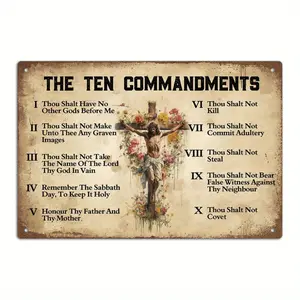 Vintage Metal Tin Sign Featuring the Ten Commandments Wall Art with English Text Perfect for Home Farmhouse Living Room Decor Wall Hanging Gift