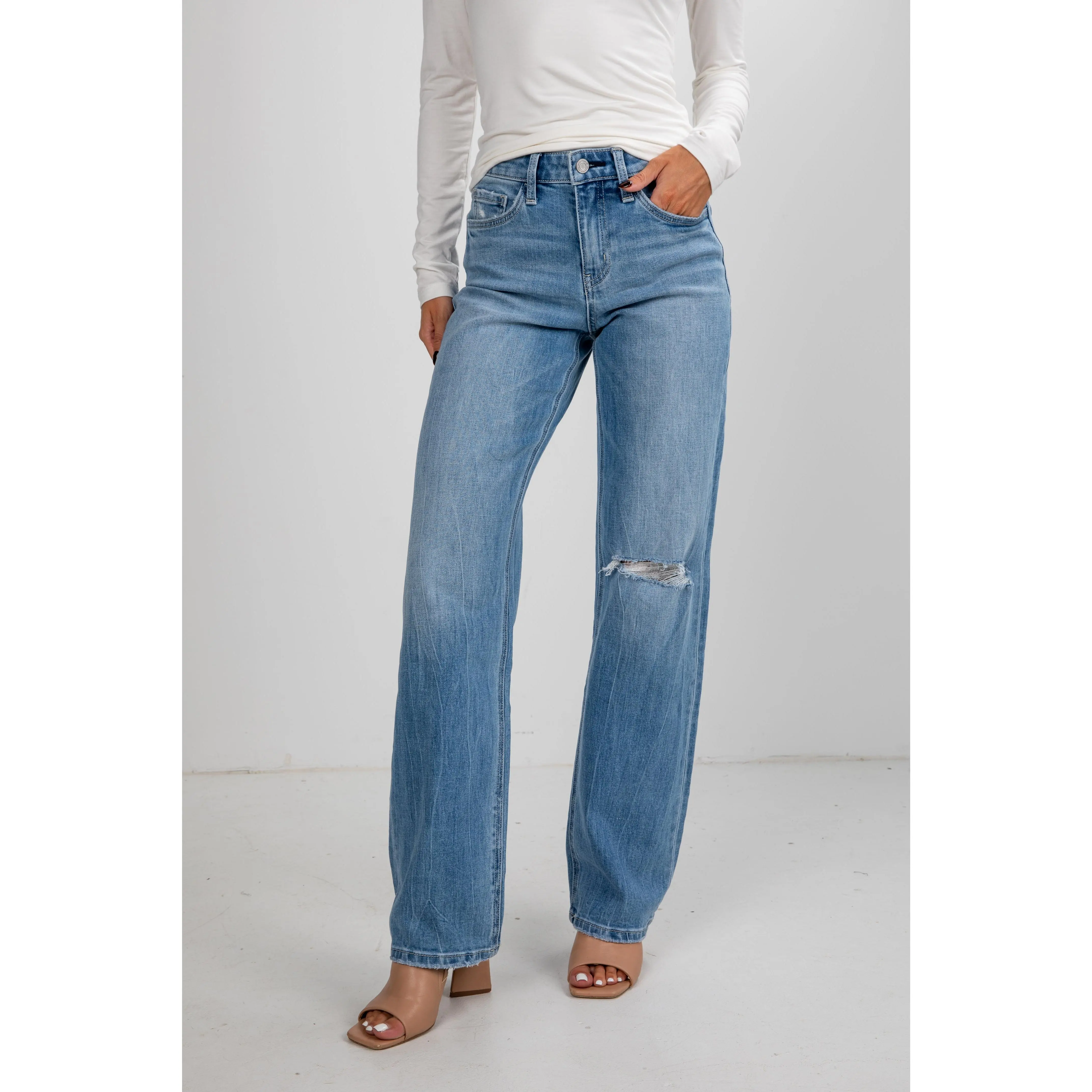 Ellie Light Wash High-Rise Distressed Slim Wide Leg Jeans