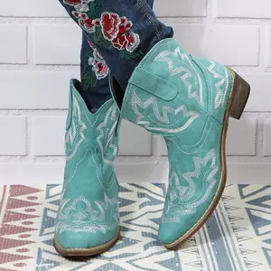 Women's Vintage Floral Embroidered Pointed-Toe Ankle Boots - Turquoise Faux Cover Slip-On Chunky Mid-Heel Shoes with Rubber Sole & Fabric Lining for Casual Comfort