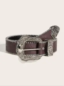 Women's Vintage Flower Embossed Buckle Belt, Punk Style Beaded Decor Western Cowboy Cowgirl Belt for Jeans, Fashion Belt for Party, Daily Clothing Decor, Trendy Exquisite Belt for Gift