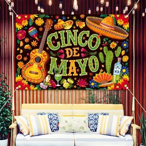 Cinco de Mayo Backdrop Banner, Mexican Fiesta Party Decorations with Guitar Sombrero Cactus Margarita, Durable Polyester Fabric Photo Booth Prop, Reusable Easy to Clean, Perfect for Cinco de Mayo Party, Mexican Theme Event, Home Decor,Gift for Fiesta Love