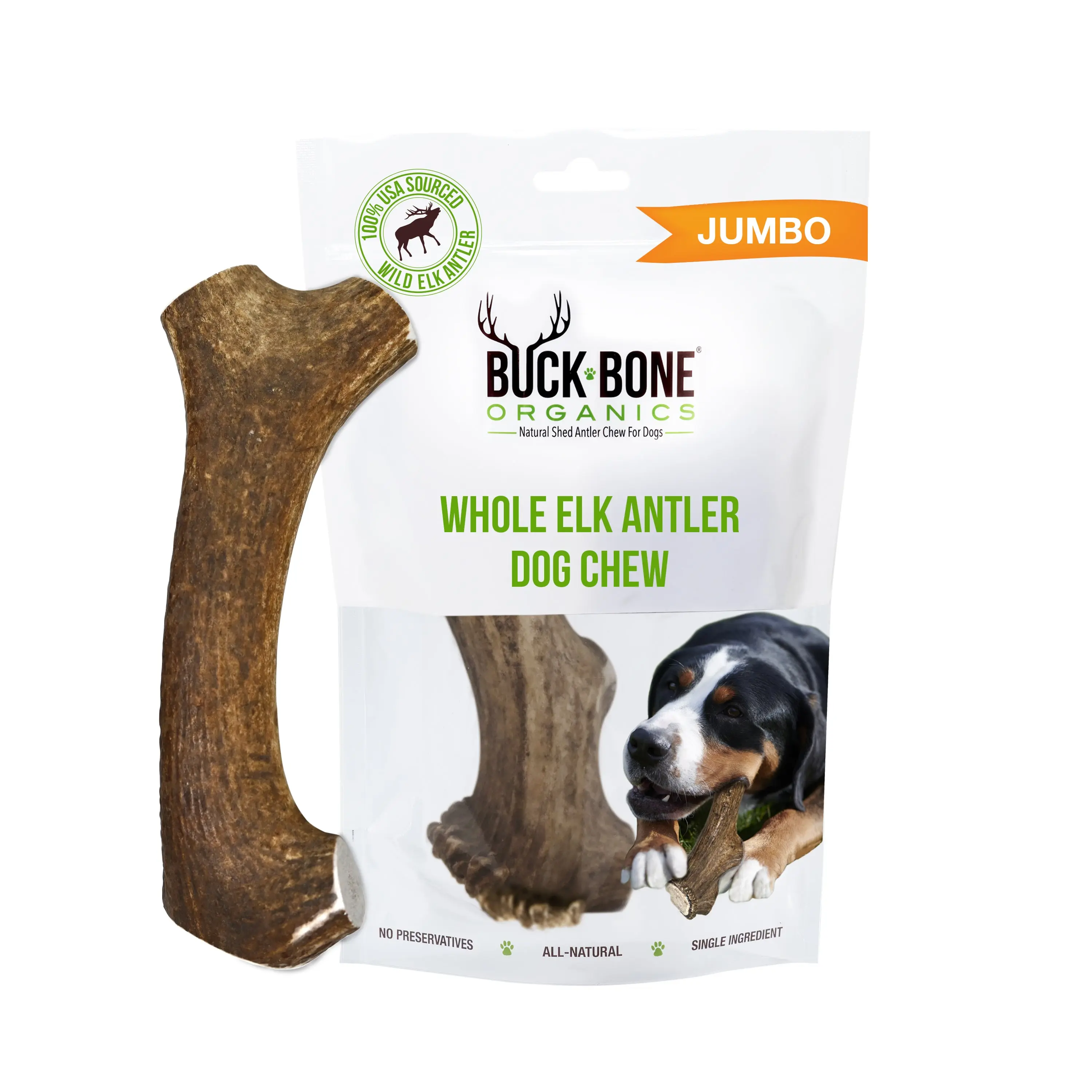 Buck Bone Organics Jumbo Whole Elk Antler Dog Chew for Healthy Teeth - Organic, All Natural, Odorless, Made in USA, 7-9" Length
