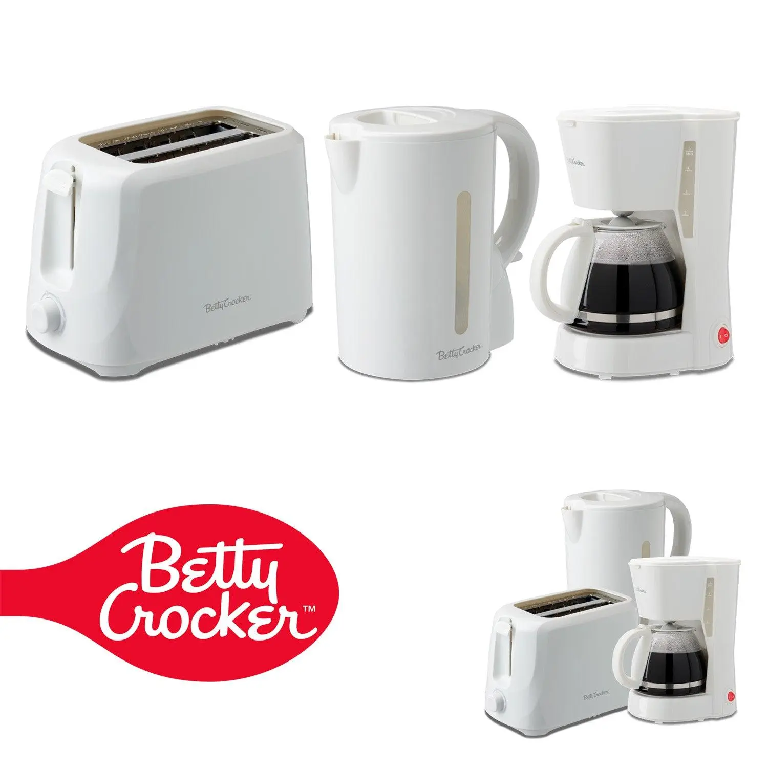 Betty Crocker 3-Piece Corded Kitchen Appliances Set (BC-4995W, White) - 5-Cup Automatic Drip Coffee Maker, 1.7L STRIX Tech Electric Kettle with Cool Wall Housing, 2-Slice Toaster, Auto Shut Off, Pause Pour, Small Footprint, Bisphenol A (BPA)-Free, Non-Sti