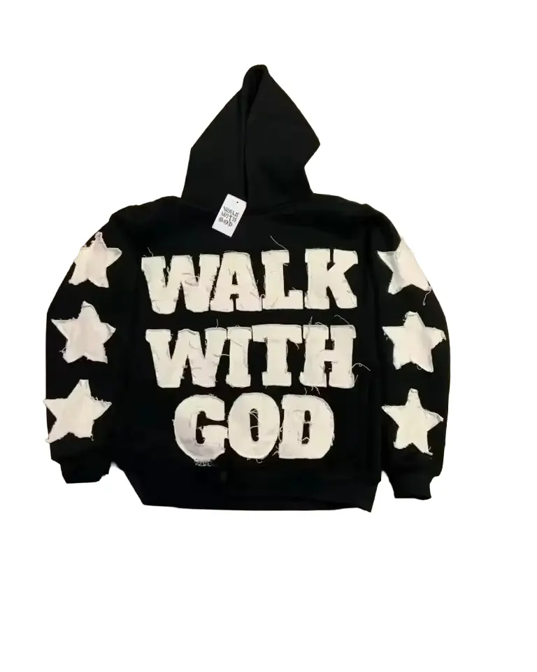 Vintage Distressed Oversized Hoodie for Men Women, Heavy‑Weight Fleece Sweatshirt, “WALK WITH GOD” Front Chenille Letter Patches and Sleeve Star Patches Design, Popular Y2K Hip‑Hop Street‑Wear Hoodie for Teen Guys and Girls Daily‑Wear Outfits