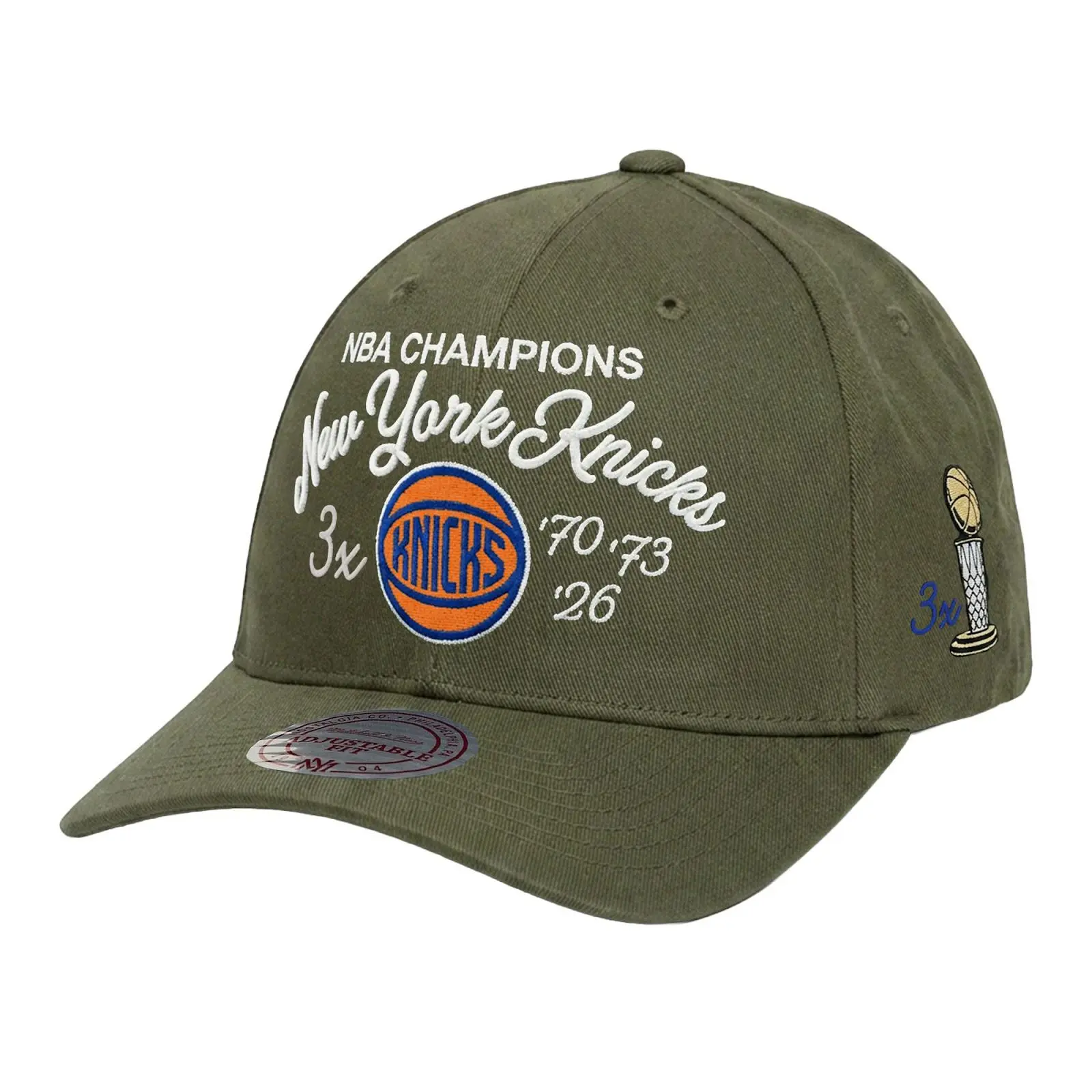 New York Knicks Olive Three-Time NBA Finals Champions Script Low Pro Snapback Hat Throwback Cap Adjustable Fan Gear Mitchell & Ness