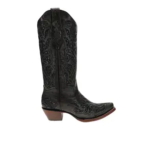 Corral Boots Womens Glitter Inlay And Embroidered Snip Toe Pull On  Casual Boots Mid Calf Mid Heel 2-3" - Black