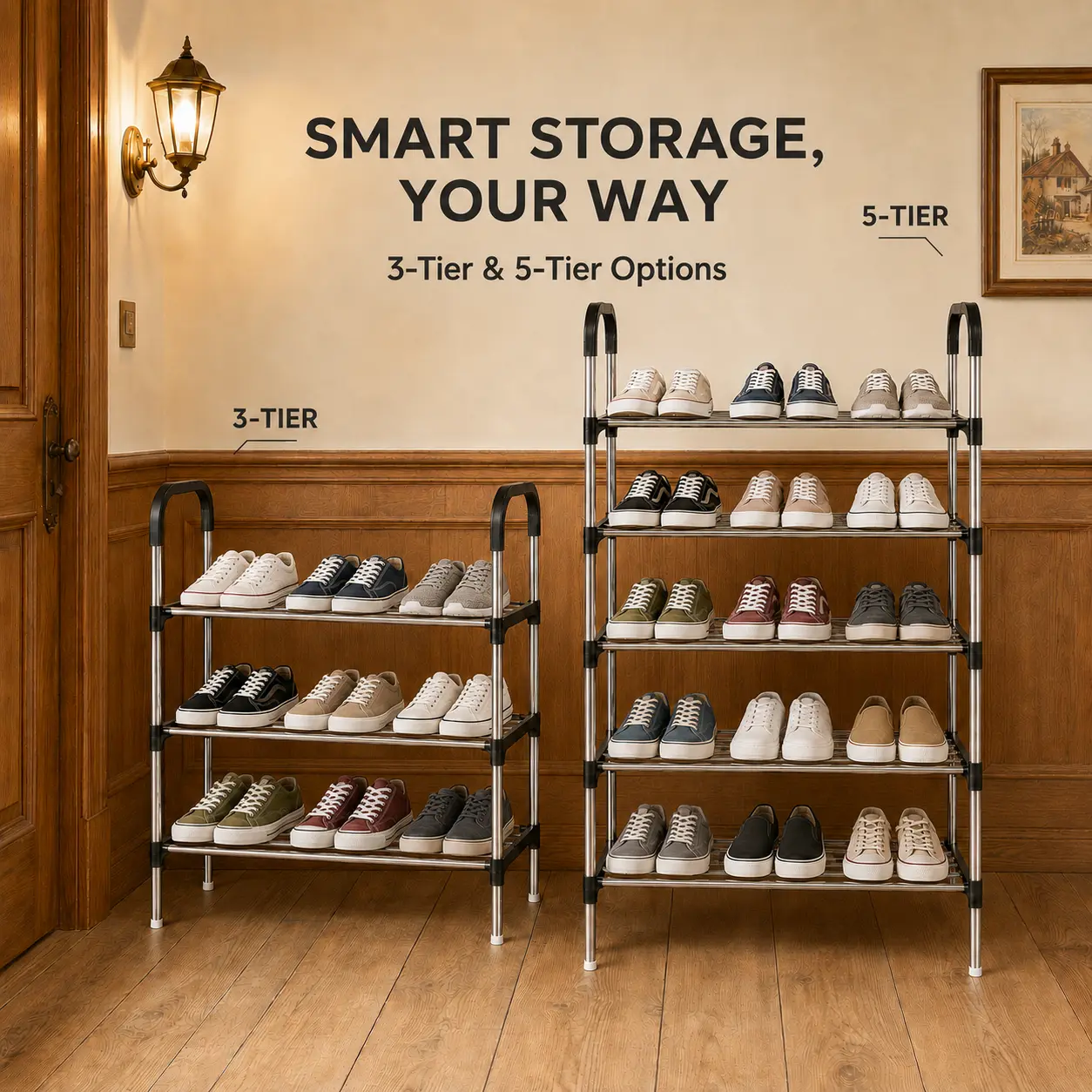 Carbon Steel Vertical Shoe Rack Organizer - 3-5 Layers Stable Open-Plan Shoe Shelf, Home Storage Holder for Entryway, Small Spaces