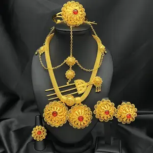 Ethiopian Bridal Jewelry Set 6pcs – Habesha Sunburst Gold Mesh Chain Necklace, Red Stone | Eritrean Wedding Jewelry, 24K Gold Plated | Habesha Jewelry