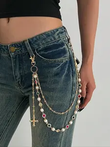 Vintage Glamorous Color Diamond Imitation Pearl Waist Chain, Ladies Trendy Cross Pants Chain for Decorative Style, Vintage Body Jewelry