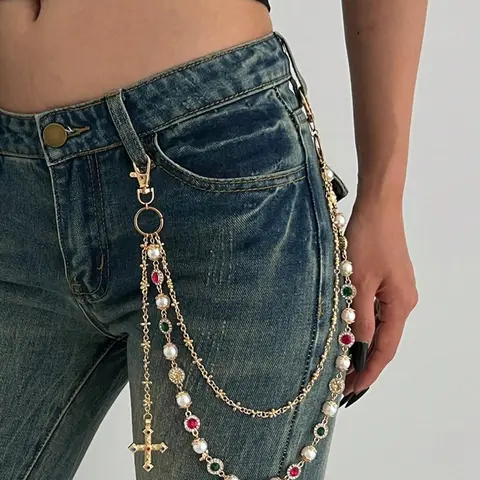 Vintage Glamorous Color Diamond Imitation Pearl Waist Chain, Ladies Trendy Cross Pants Chain for Decorative Style, Vintage Body Jewelry, Pearl Waist Beads, Bling Chain, Chic Body Jewelry, Body Jewellery