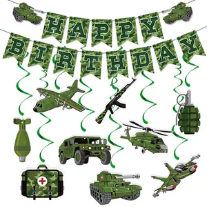 Army Birthday Party Decorations, Camo Happy Birthday Banner & Military Theme Hanging Swirls