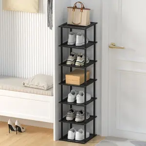 Bamboo Free Standing Shoe Rack Shelf Multi Tier Tall Wooden Stackable Shoes Rack Organizer for Closet Front Door Entrance Vertical Shoe Rack for Corner Stand (Black, 7)