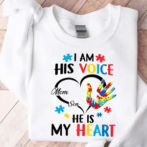 Autism Awareness Mom and Son Shirt, I Am His Voice, He Is My Heart, Puzzle Piece Sweatshirt, Hoodie 9