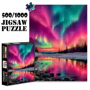 1pc 1000 piece adult puzzle 70x50cm Vivid Aurora Borealis Galaxy over Snow - Covered Landscape with Reflection 500 pieces paper jigsaw puzzle suitable for DIY creative games for adults and families, birthday