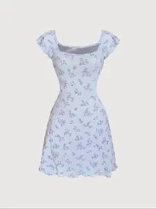 Women's Plants Print Square Neck Dress, Boho Style Floral Elegant Fashion Casual Dress for Daily Outdoor Wear, Ladies Dresses for Summer, Womenswear