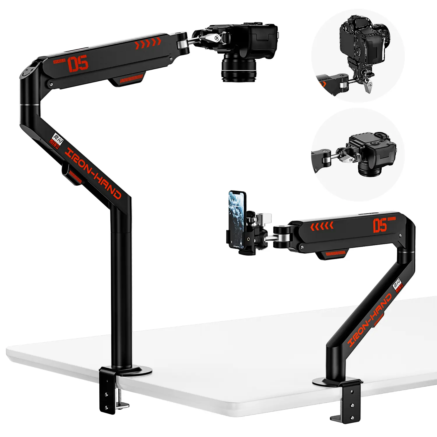 JINRAIKO Heavy-Duty Overhead Camera Mount - 360° Adjustable Boom Arm Stand Stabilizers & Supports, Smartphone Holder, Adjustable Heavy-Duty Mount Stabilizers & Supports for DSLR/Webcam/Microphone, Desk Accessories for Live Streaming, Black