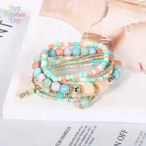 Women's Bohemian Handmade Beaded Bracelet Set - 8-Piece Stackable Bangles with Romantic Elements, Colorful Summer Camping & Hiking Picnic Jewelry, Bracelets