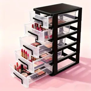 1pc Multifunctional 5-Tier Storage Cabinet, Drawer Portable Storage Box, Miscellaneous Rack (Black & Transparent)