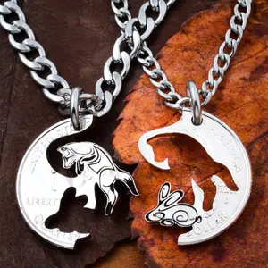 Fox and Rabbit Necklaces, Couples and Best Friends Jewelry, Bunny, BFF Gifts, Interlocking Puzzle Set, Hand Cut Coin