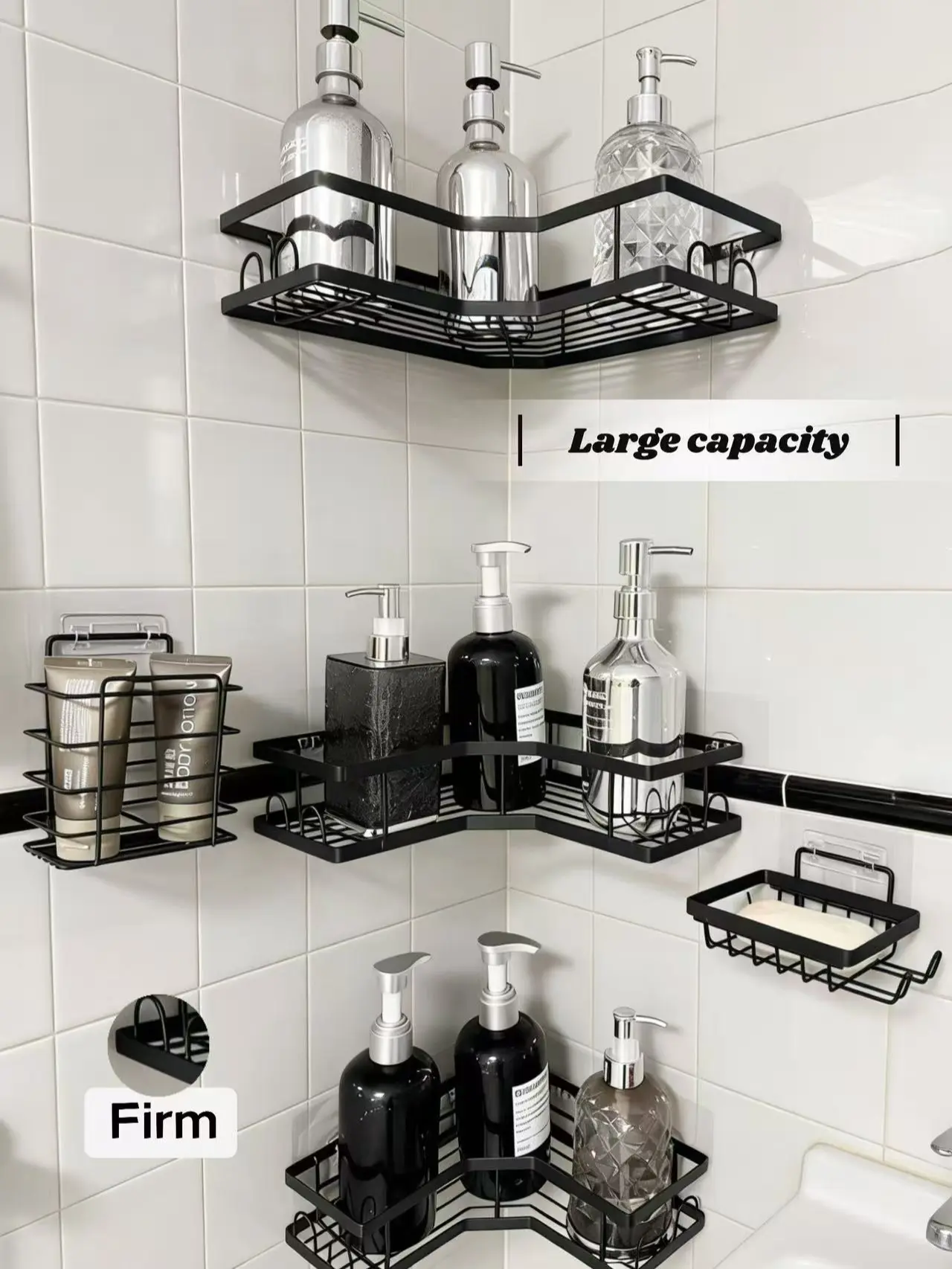 5-Piece Self-Adhesive Stainless Steel Bathroom Storage Set - No-Drill Wall Installation, Rust-Resistant, Waterproof, Large-Capacity Hollow Round Blush Pink Basket with Showerhead, Toothbrush & Soap Holders, Minimalist Bathroom Decorations, Water Proof