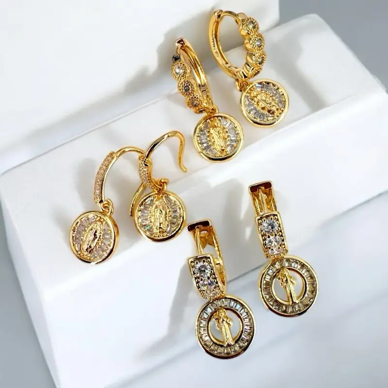 Saint Jude Saint Benedict Virgin of Guadalupe 18k Gold Plated Earrings with Crystal Accents and Religious Icon Design