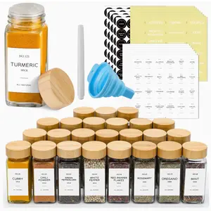 4 oz Glass Jars with Bamboo Lids, Minimalist Farmhouse Spice Labels Stickers, Collapsible Funnel, Seasoning Storage Bottles for Spice Rack, Cabinet, Drawer, 24 Pcs