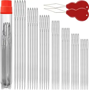 35 Pack Premium Large Eye Needles for Hand Sewing with 2 Needle Threaders, Assorted Sizes, Embroidery Needles for Hand Sewing, Sewing Needles Large Eye, Big Eye Needle