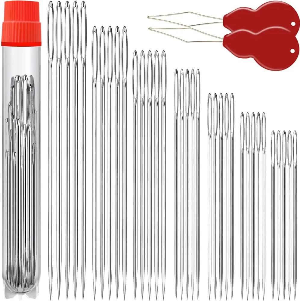 35 Pack Premium Large Eye Needles for Hand Sewing with 2 Needle Threaders, Assorted Sizes, Embroidery Needles for Hand Sewing, Sewing Needles Large Eye, Big Eye Needle