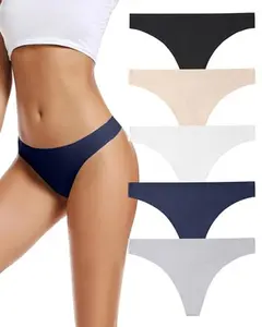 Seamless Women Underwear Thongs,No Show Ladies Thong,No Line Workout Breathable Comfortable Panties,Soft Undies,5-Pack
