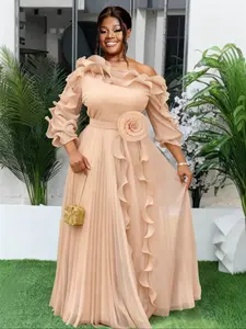 AOMEI Women's Apricot Chiffon Long Sleeves Cold Shoulder 3D Flower Pleated Asymmetrical Ruffles A Line Dress with Lining, Elegant Formal Party Gown for Women, Perfect for Special Occasions, Lady